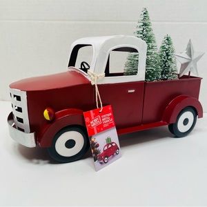 Red Metal Truck Snowy Trees Decoration Centerpiece Farmhouse NEW, Vintage Look!